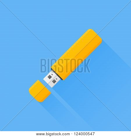 USB flash drive flat icon with long shadow on blue background