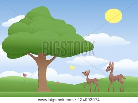 Illustration of the mother deer and fawn on a sunny meadow with tree and butterflies.