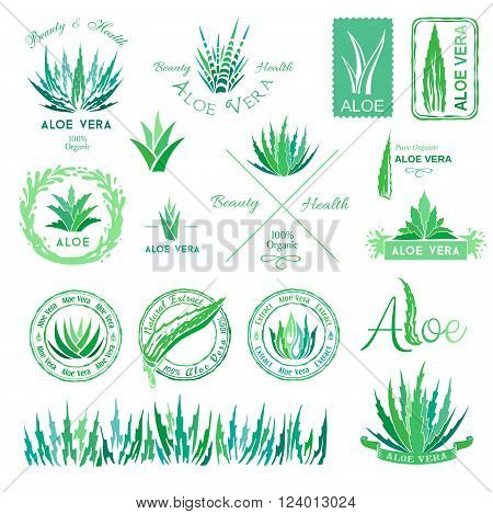 Aloe vera design elements. Aloe vera stamps collection.