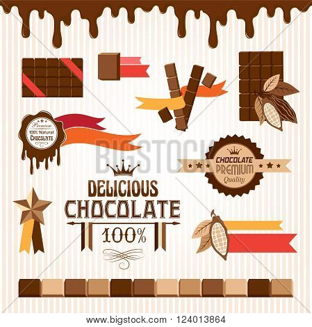 Set of chocolate decorative elements and emblems. Banners, stickers and icons.