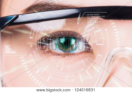 Close-up of woman's eye. High technologies in the futuristic. : contact lens