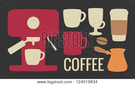 Set coffee icon. Coffee machine cezve or turkish coffee pot beans cup. For web poster menu cafe and restaurant info graphics poster coffe shop. Vector flat illustration