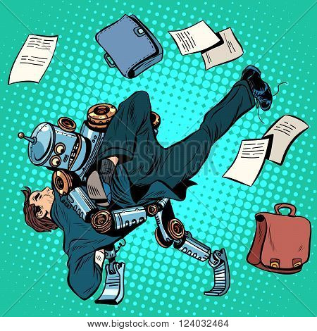 Fighting robot and human, artificial intelligence, new technologies pop art retro style. the business concept of technological progress and man place in the new world