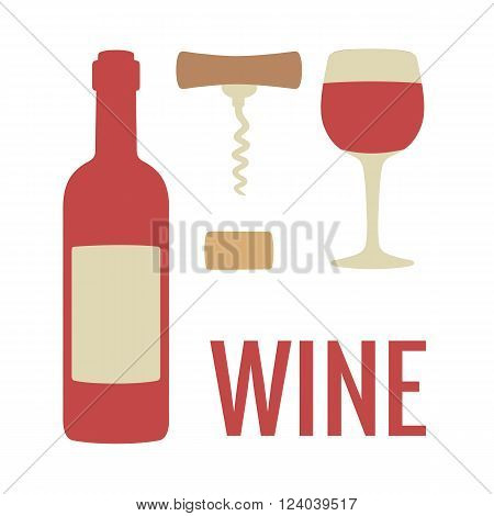 Set wine icon. Bottle glass of wine cork corkscrew. Vector flat illustration. For web info graphics