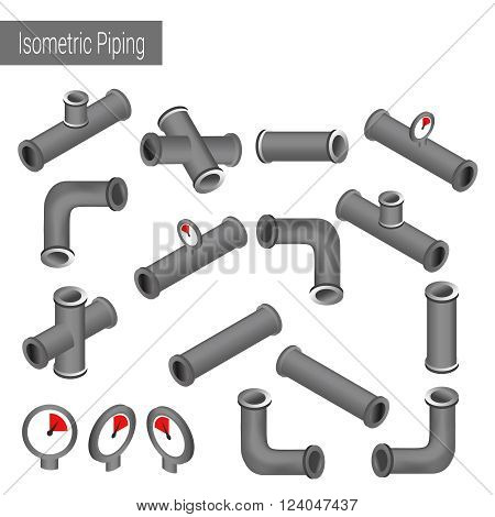 Vector 3d flat isometric illustration collection of detailed Construction Pieces: pipes fittings gate valve faucet ells.
