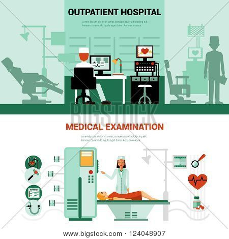 Medical specialists banners with scenes of outpatient hospital and medical examination isolated vector illustration