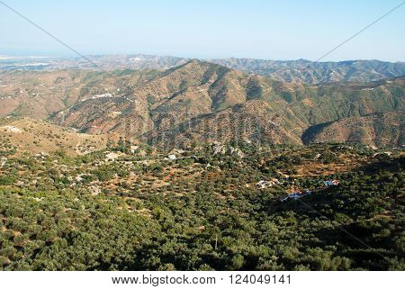 View over the Montanas de Malaga mountains towards the coast in the Axarquia region Malaga Province Andalusia Spain Western Europe.