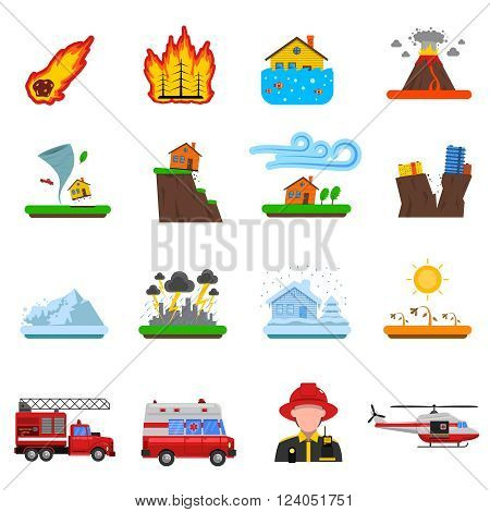 Natural disasters flat icons set with forest fire tsunami wave and earth quake symbols abstract isolated vector illustration