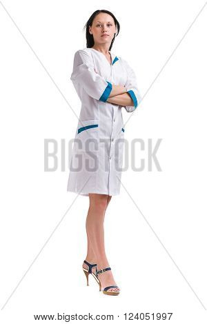 Nurse or young doctor standing isolated on white background in full body. Caucasian female model.