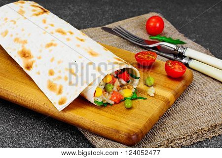 Burrito, Shawarma Lavash with Chicken and Vegetables Studio Photo