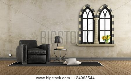 Retro vintage living room with leather armchair and two gothic windows - 3D Rendering