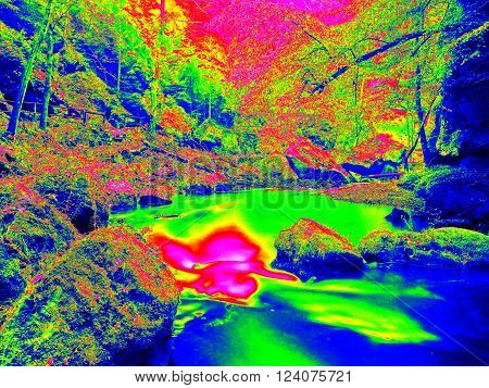 Mountain River In Infrared Photo. Amazing Thermography.