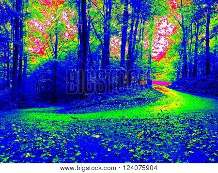 Rock with trees above misty valley. Fantastic infrared scan of hilly landscape. Hill and forest with colorful fog, hot sunny sky above.