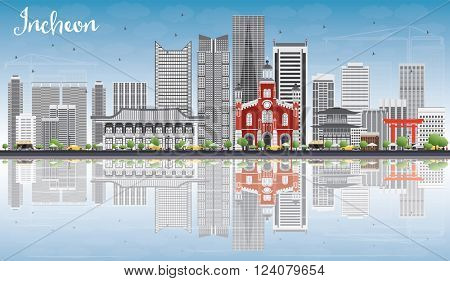 Incheon Skyline with Gray Buildings, Blue Sky and Reflections. Vector Illustration. Business Travel and Tourism Concept with Modern Buildings. Image for Presentation Banner Placard and Web Site.