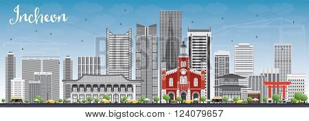 Incheon Skyline with Gray Buildings and Blue Sky. Vector Illustration. Business Travel and Tourism Concept with Modern Buildings. Image for Presentation Banner Placard and Web Site.