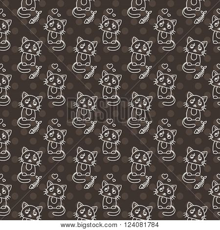 Seamless pattern of cute cat characters. Pet in love. Fishbone. Ornament for kids.