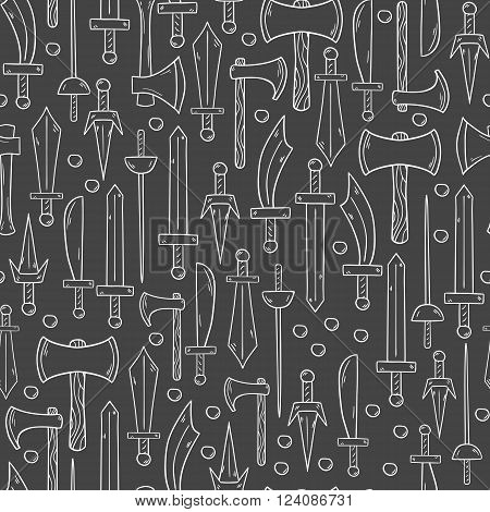 Seeamless background with historical steel arms objects in cartoon hand drawn style. Vector objects on game weapon theme