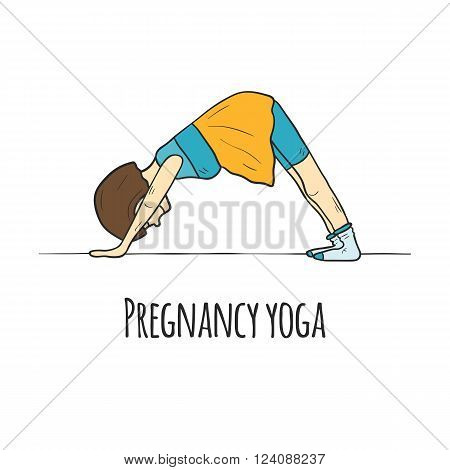 Hand drawn yoga for pregnant women concept. Card or logo design. Active sport pregnancy and healthy lifestyle illustration. Down dog pose