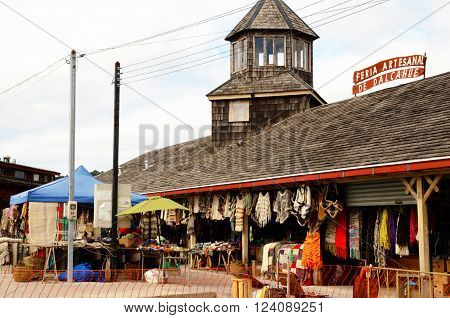 DALCAHUE, CHILE - MARCH 13, 2016: Long shot of a building for a craft fair on March 13, 2016  in Dalcahue on the island Chiloé in Chile