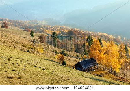 Autumn misty mountain slope with colorful trees and wooden house.