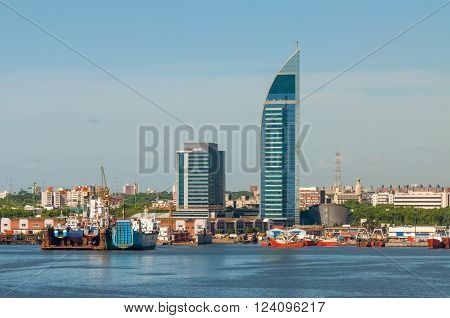 Montevideo Uruguay - December 15 2012: Montevideo cityscape from port district. Telecommunications Tower or Antel Tower is a 157 meter tall building in Montevideo Uruguay.