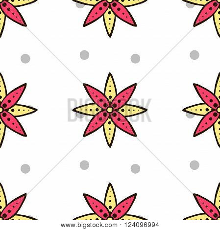 Seamless pattern made from hand drawn flowers and gray circles on white background. Vector illustration.