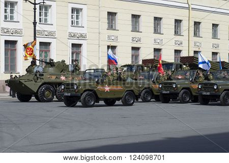 ST. PETERSBURG, RUSSIA - MAY 05, 2015: A convoy of military vehicles before the rehearsal of parade in honor of Victory day