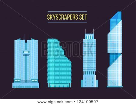 modern skyscrapers icons set on the dark background. Flat design of the city elements. New office buildings with headquarters