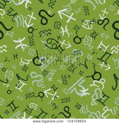 Zodiac symbols seamless pattern green. Vector illustration