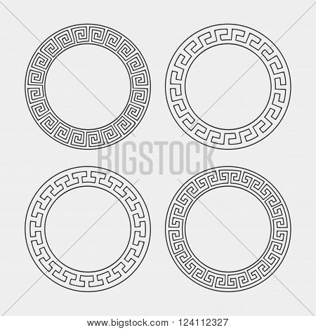 Vector set of four round meander frames. Greek hand drawn border for banner, card, invitation, postcard, label, poster, emblem and other design elements. Vector isolated illustration.