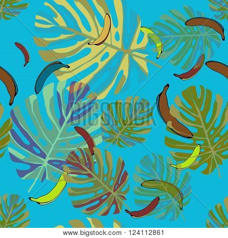 Bananas. Seamless vector pattern on a blue background. Vector ilustration
