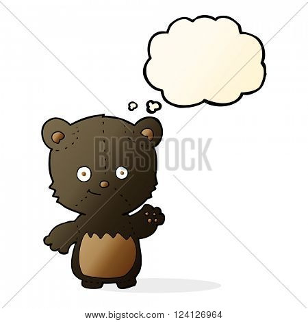 cartoon black bearcub waving with thought bubble