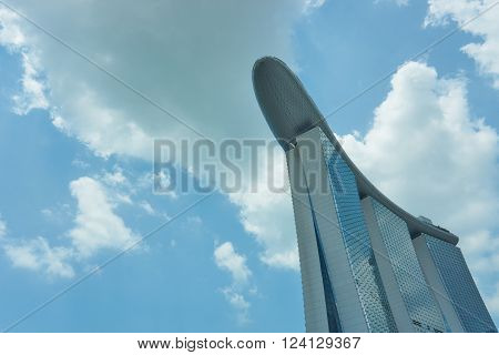 Singapore, Singapore - april 2, 2016: Marina Bay Sands hotel in Singapore with a blue sky. Its a luxury resort famous for its casino and infinity swimming pool. The hotel is a landmark and tourist attractions in Singapore.