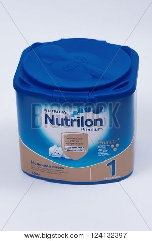 Saransk, Russia - April 2, 2016: Nutrilon 400g Powder Can on a white background.