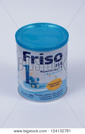 Saransk, Russia - April 2, 2016: Friso HA 400g Powder Can on a white background.