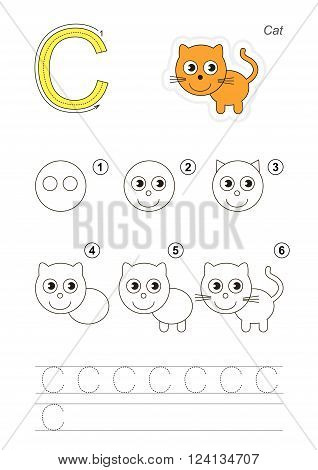 Zoo alphabet complete. Learn handwriting. Drawing tutorial for letter C
