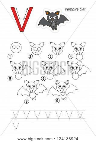 Zoo alphabet complete. Learn handwriting. Drawing tutorial for letter V
