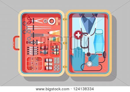 Set Stock vector illustration of medical supplies, drugs, pills, tools, clothing in medical suitcase in flat style element for infographic, website, icon, games, motion design, video