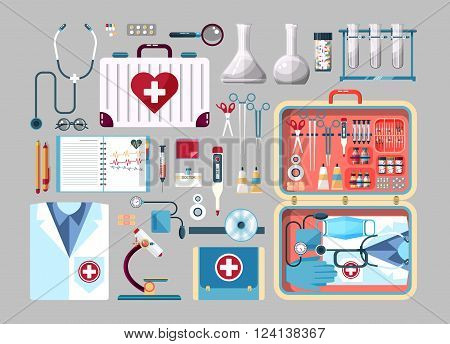 Set Stock vector illustration of medical supplies, drugs, pills, tools, clothing, medical suitcase in flat style element for infographic, website, icon, games, motion design, video