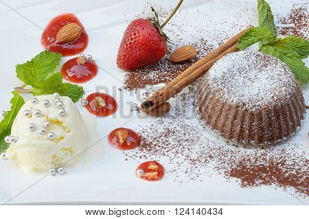 Dessert Chocolate lava cake with fresh fruit