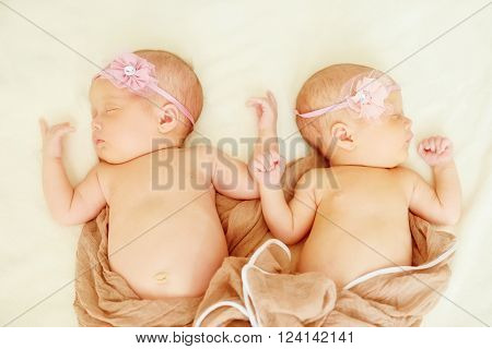 lovely newborn two twins girl are sleeping