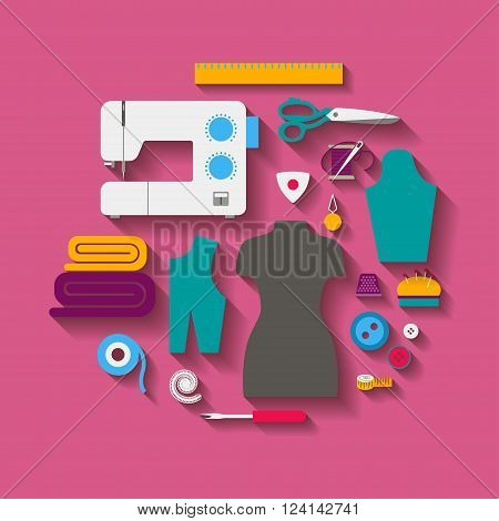 Concept set for sewing with a sewing machine, a mannequin, sewing accessories, with diagonal shadows. Vector illustration