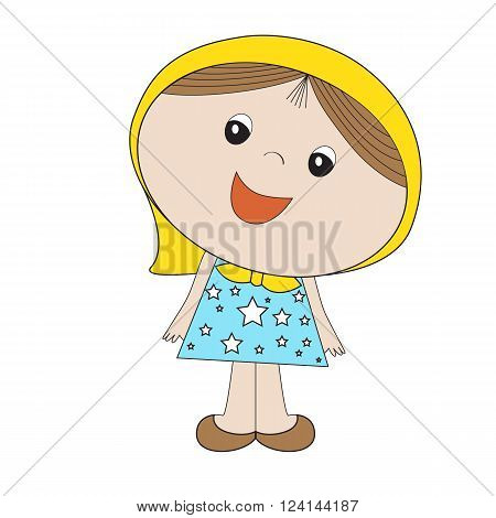 a little girl in a blue dress and scarf