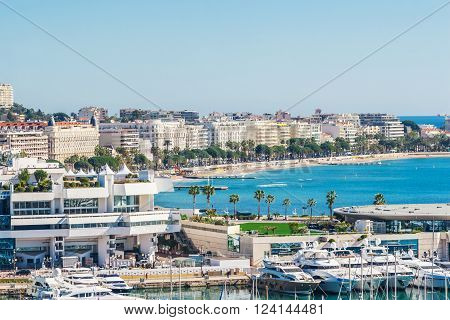 Cannes, France, - March 1, 2016: Panoramic view of Cannes, Promenade de la Croisette, the Croisette and Port Le Vieux of Cannes, France Cote d'Azur