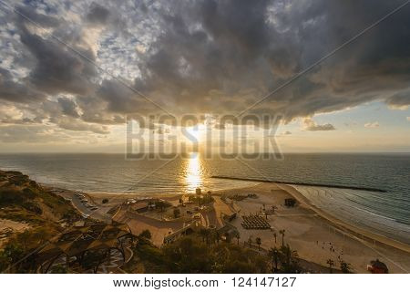 Sunset over the Mediterranean beach in Netanya Israel
** Note: Visible grain at 100%, best at smaller sizes