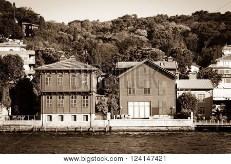 Traditional and modern mansions on the Bosporus Strait waterside, Turkey Istanbul