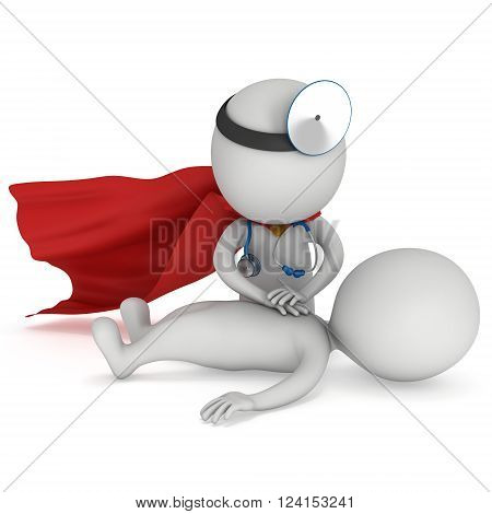 Superhero Doctor doing CPR First Aid. 3d CPR training concept on white background. CPR illustration