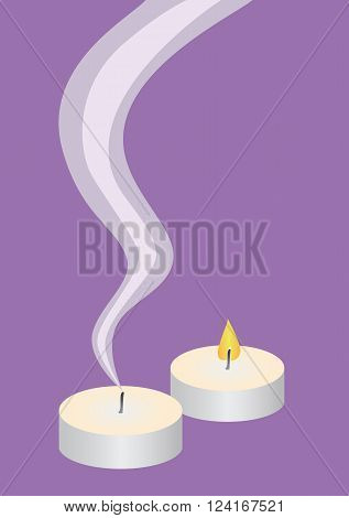 Candle flame and candle smoke on violet background vector