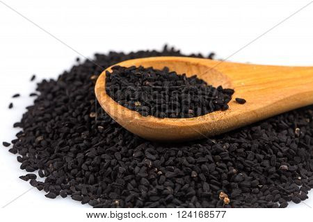 Heap Of Black Sesame On Wooden Spoon