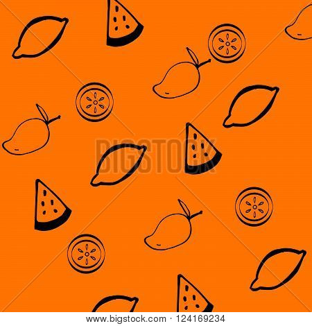 Seamless of fruit : watermelon , lemon slices , mango doodle style on orange background vector illustrations